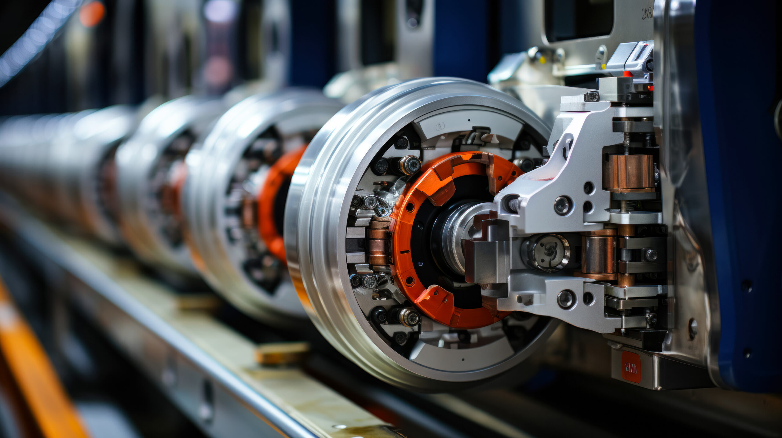Calibration and adjustment of the complex mechanism of wheels, motors and brakes of an electric locomotive, modern high-tech production, close-up of parts on the assembly line